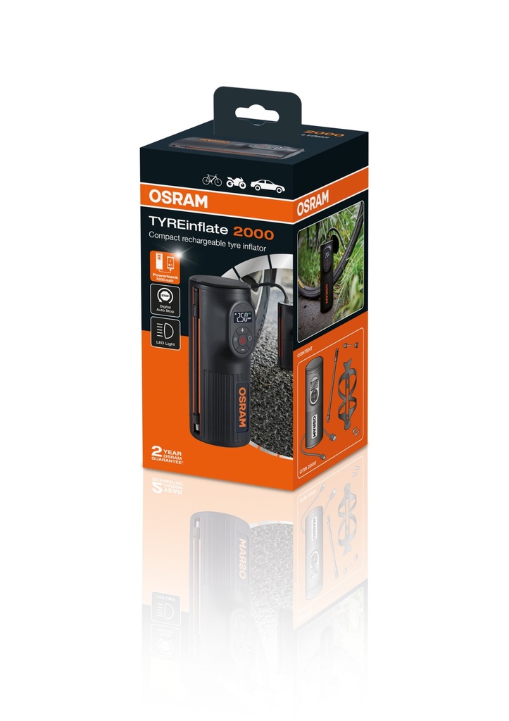 Compresor de Aire Portátil OSRAM TYREinflate 2000 | Bomba de Neumáticos Rápida y Recargable